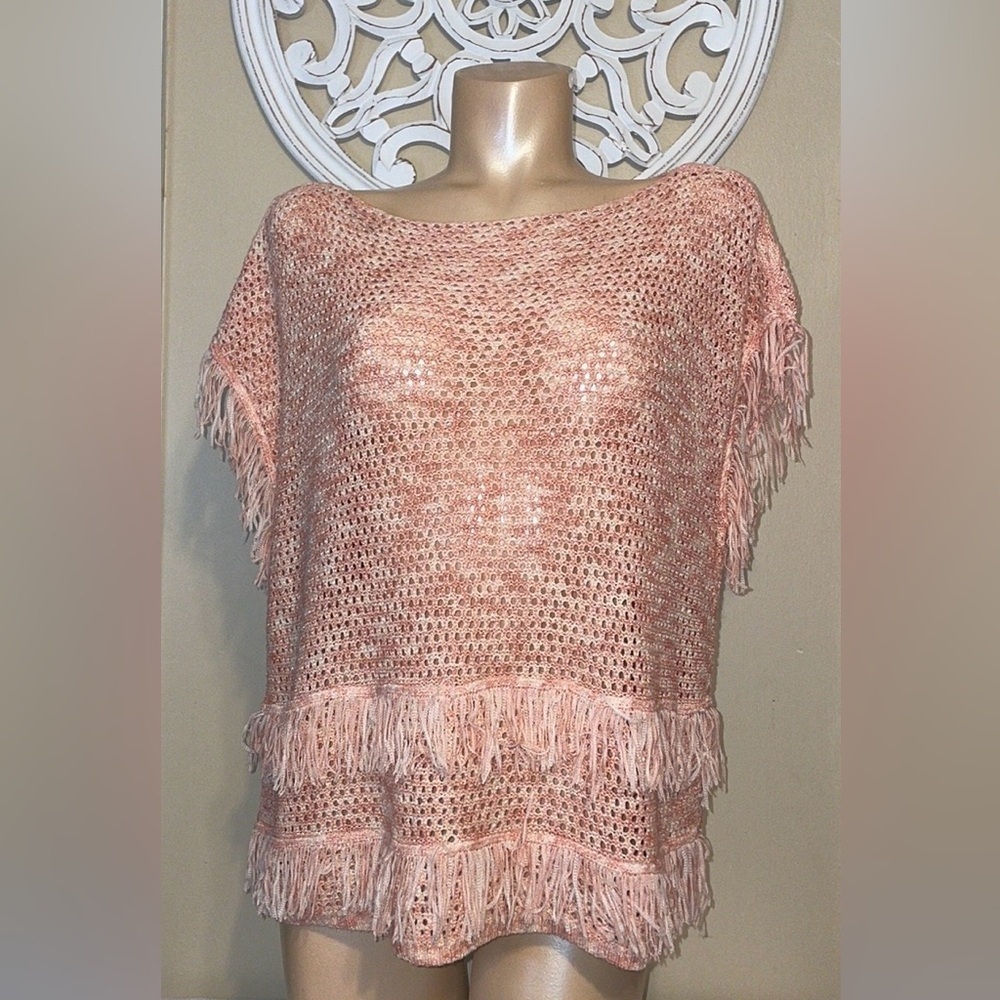 White House Black Market women’s sweater top medium fringe pink metallic crochet